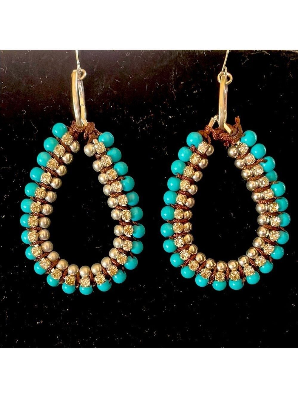 Charleston Wrap faux turquoise beaded and rhinestone loop earrings